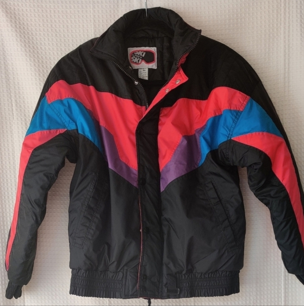 Vintage Alpine Ski Boys Jacket, Blk w/Red, Blue & Purple Color Block SizeL 14-16
